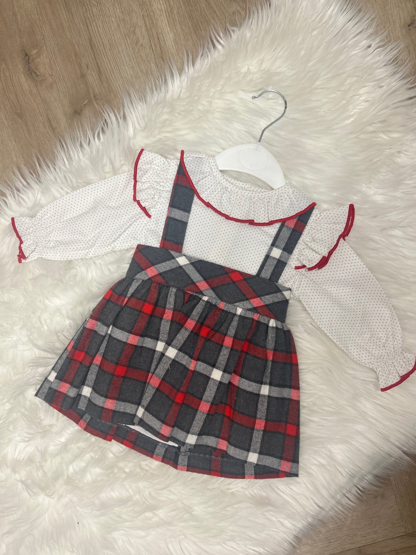 Polka dot blouse & tartan skirt