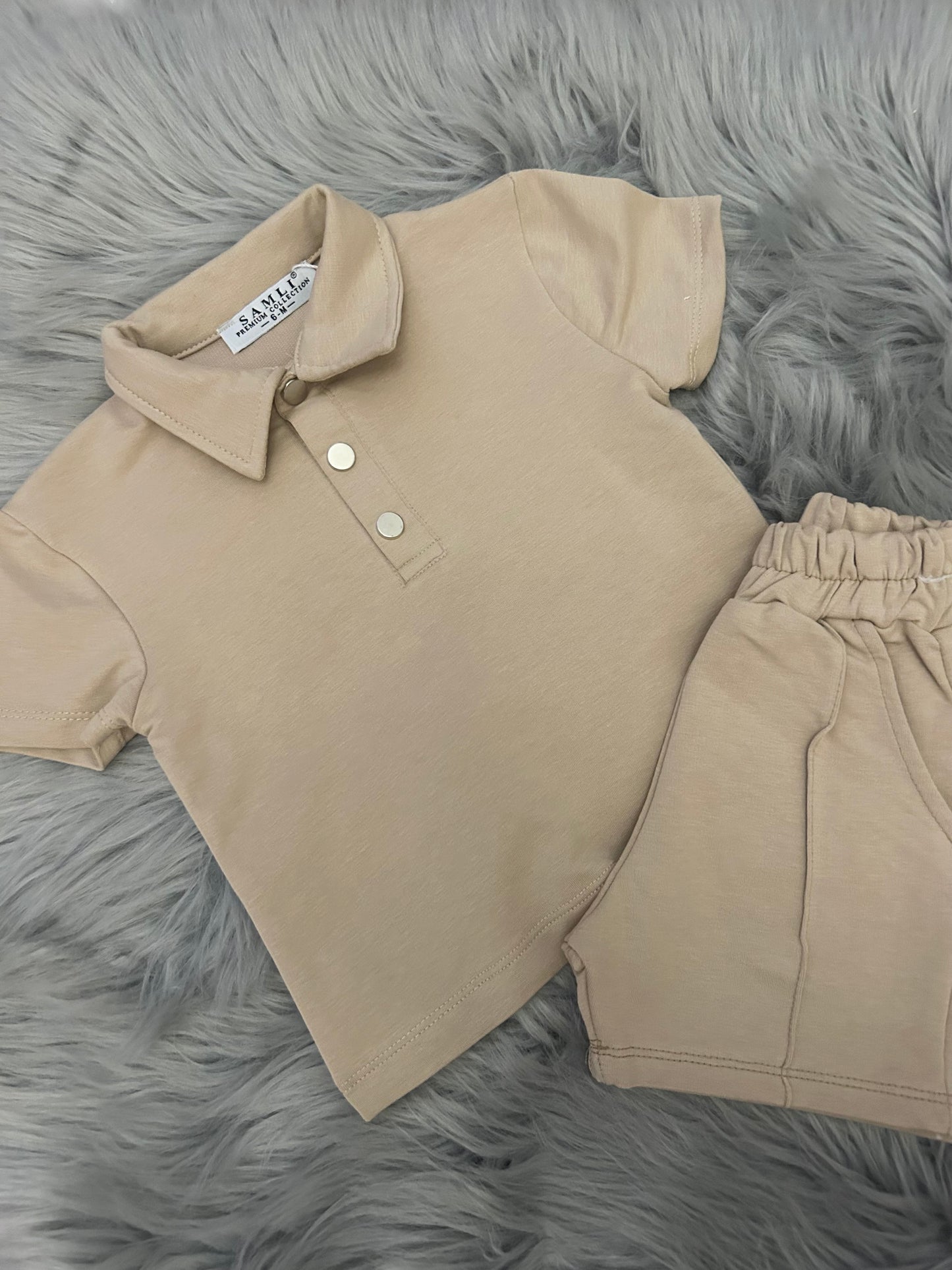 Beige button short set