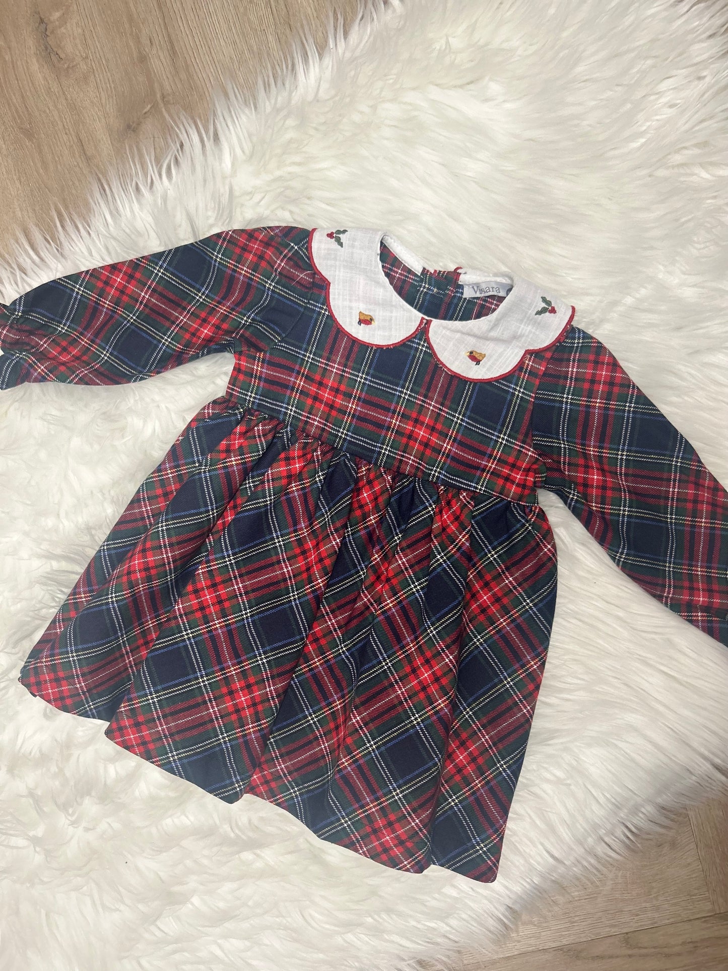 Embroidered collar tartan dress