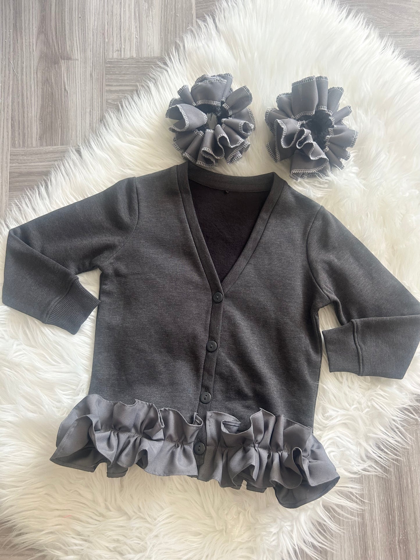 Frilly school cardigan with matching scrunchies