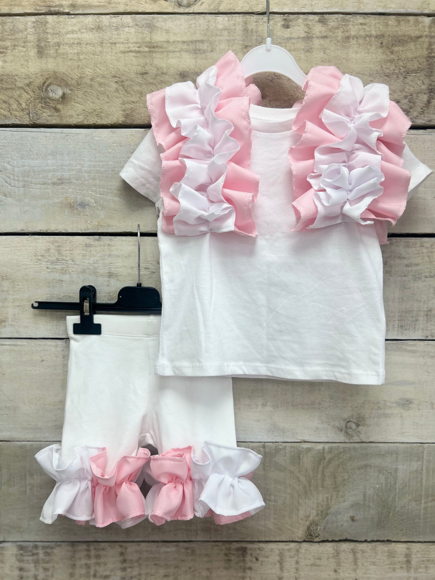 Pink & white frilly short set 2-3y