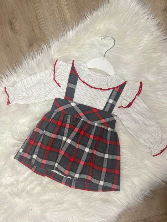 Polka dot blouse & tartan skirt