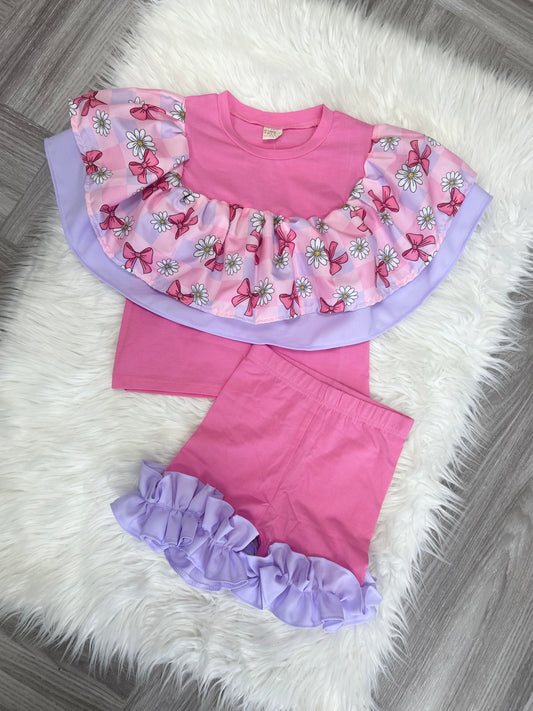 Pink bow short set 3-4y