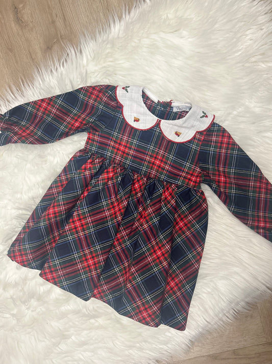 Embroidered collar tartan dress